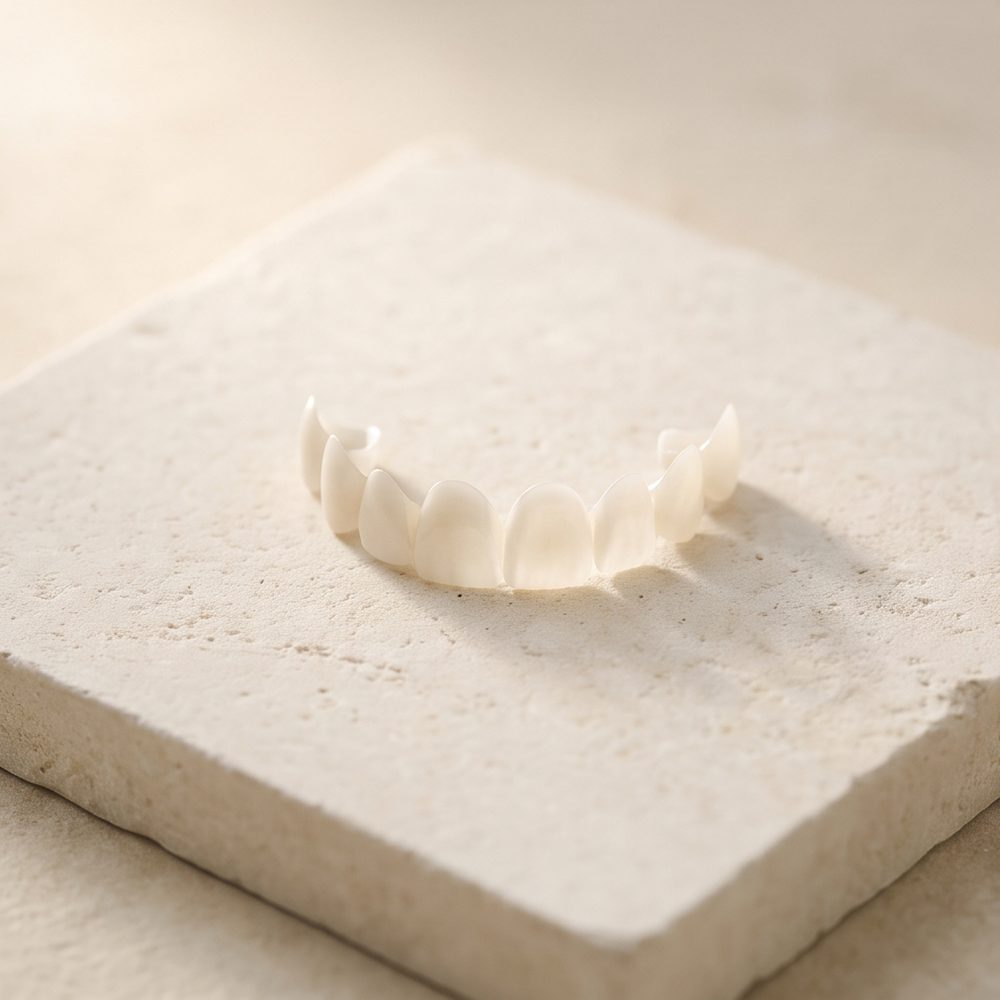 Dünne Veneers aus Porzellan, im Bogen angeordnet.